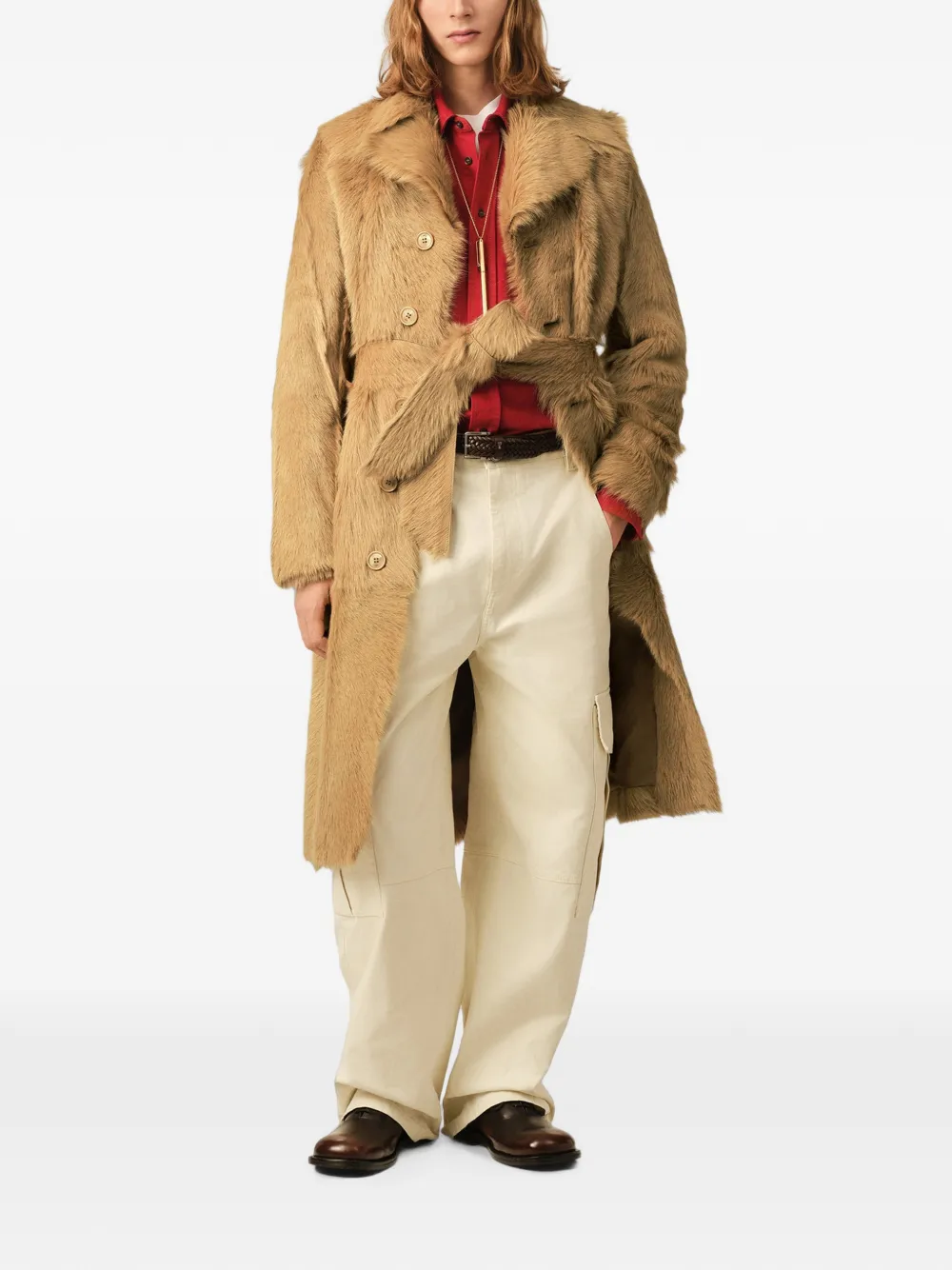 AMI Paris Leren jas met ceintuur Beige