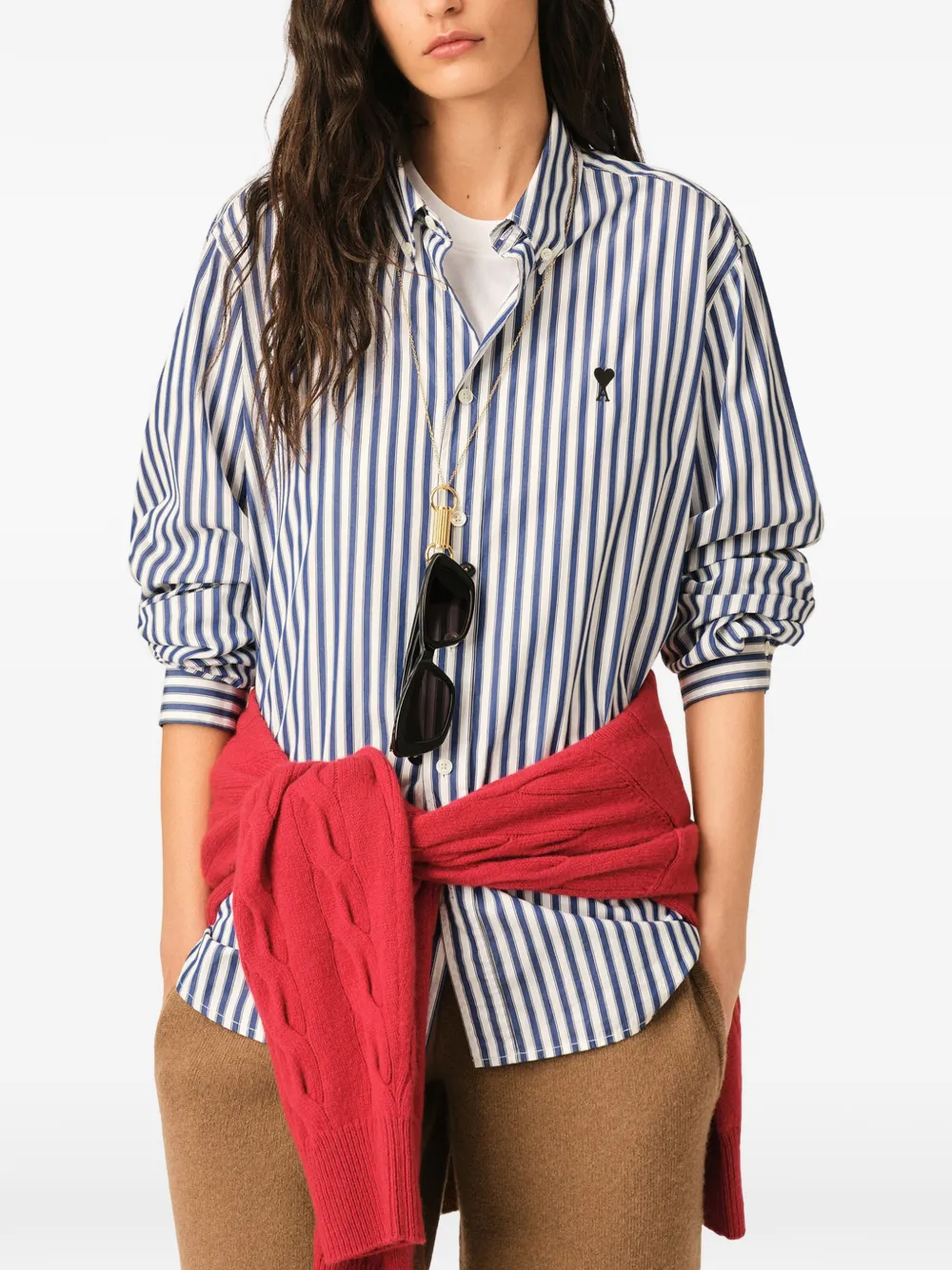 AMI Paris Gestreept katoenen shirt met Ami de Coeur Blauw