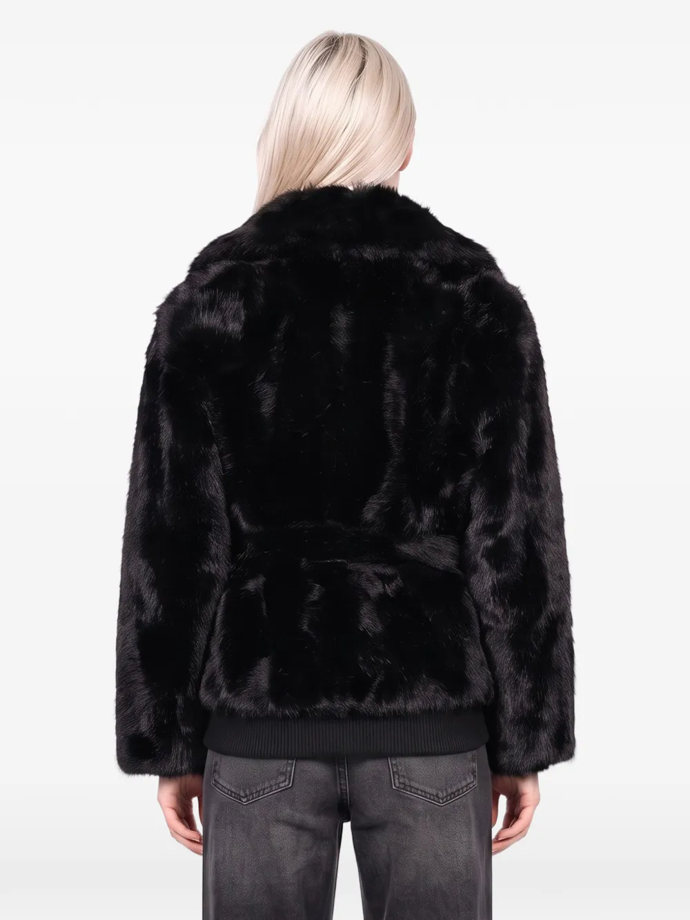 STAND STUDIO Silena belted faux-fur jacket Zwart