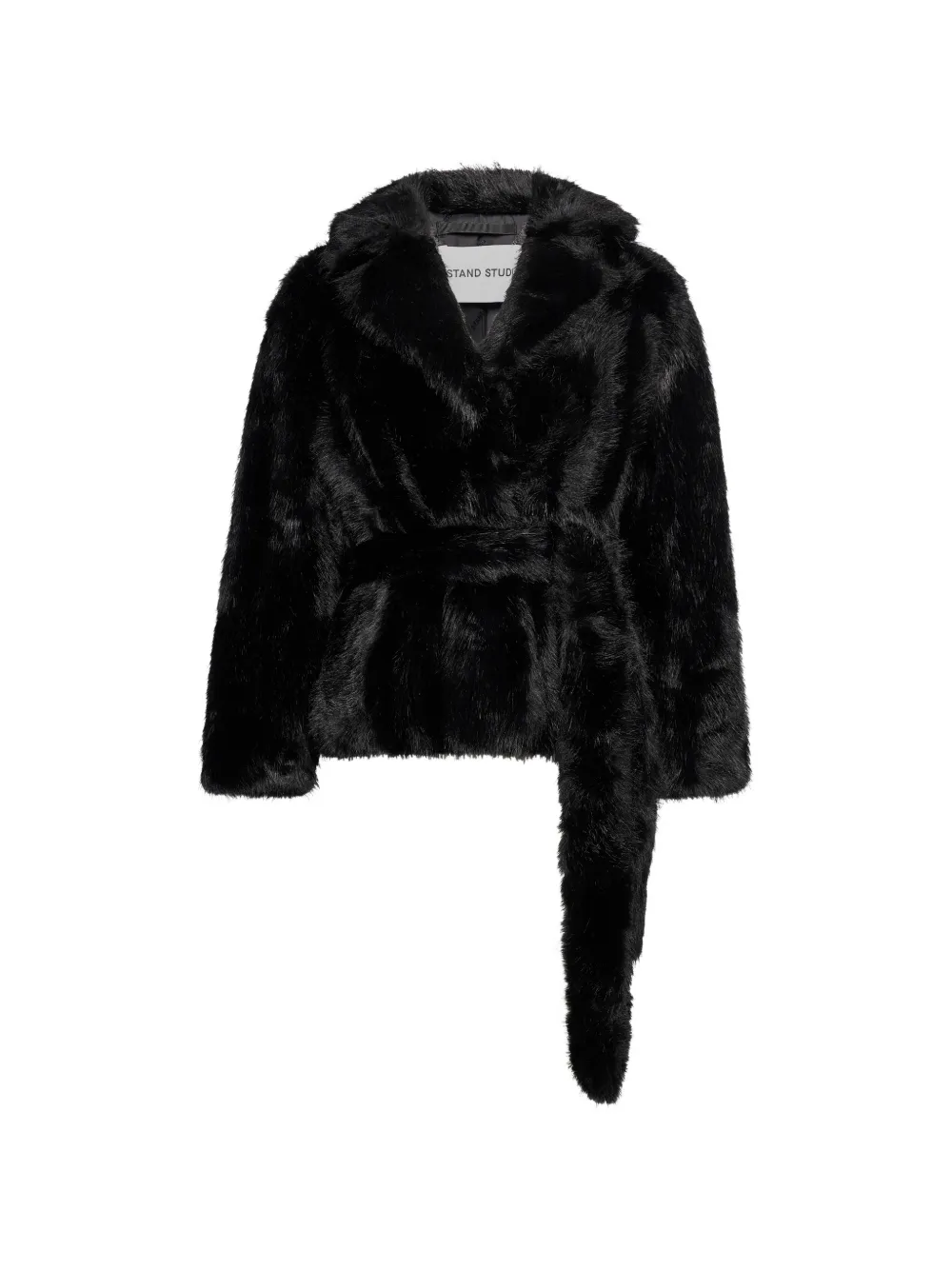 STAND STUDIO Silena belted faux-fur jacket Zwart