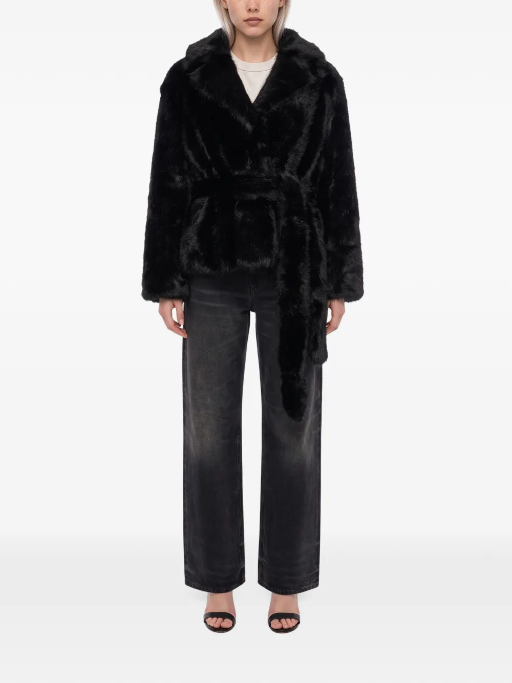 STAND STUDIO Silena belted faux-fur jacket Zwart