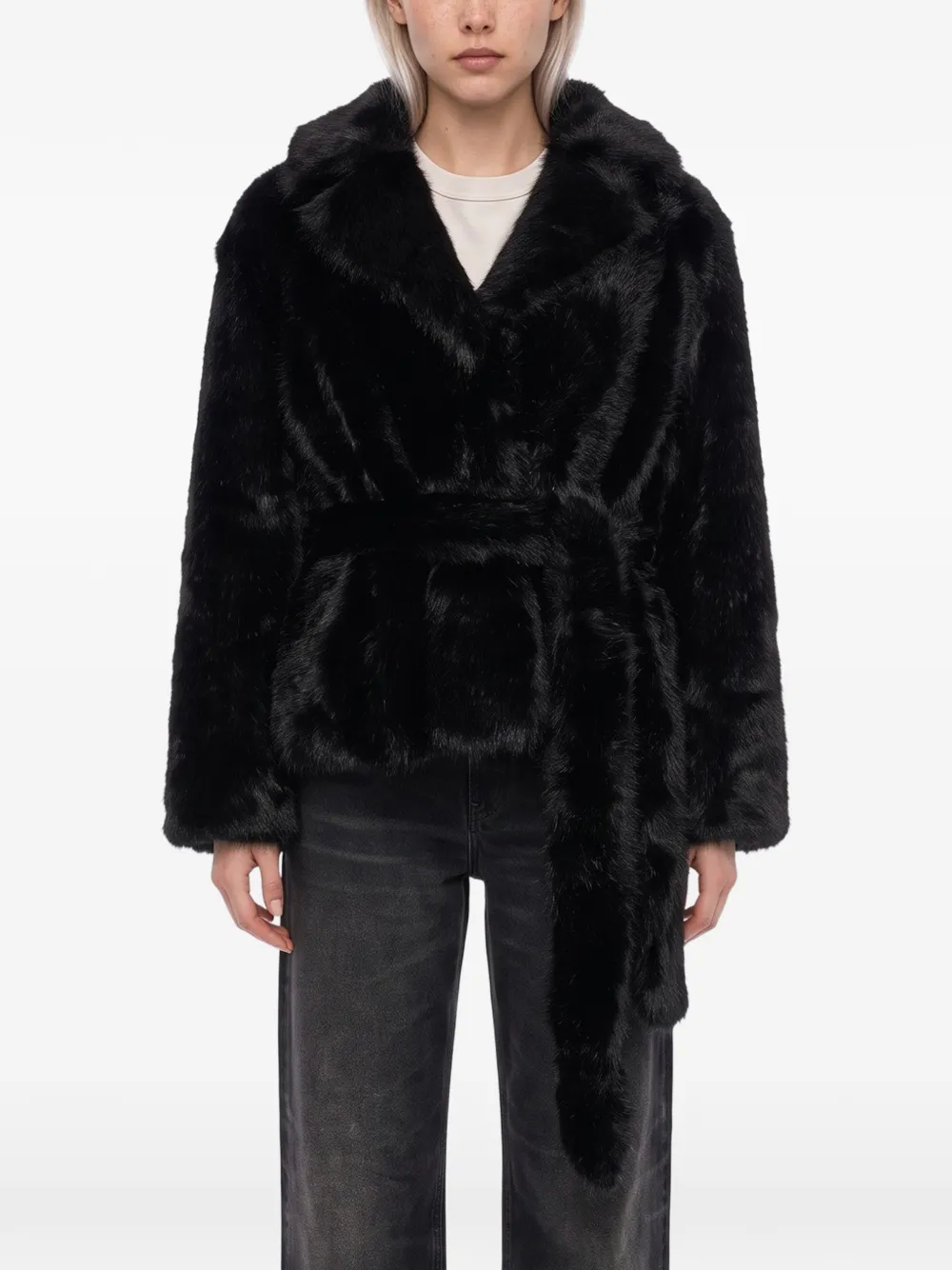 STAND STUDIO Silena belted faux-fur jacket Zwart