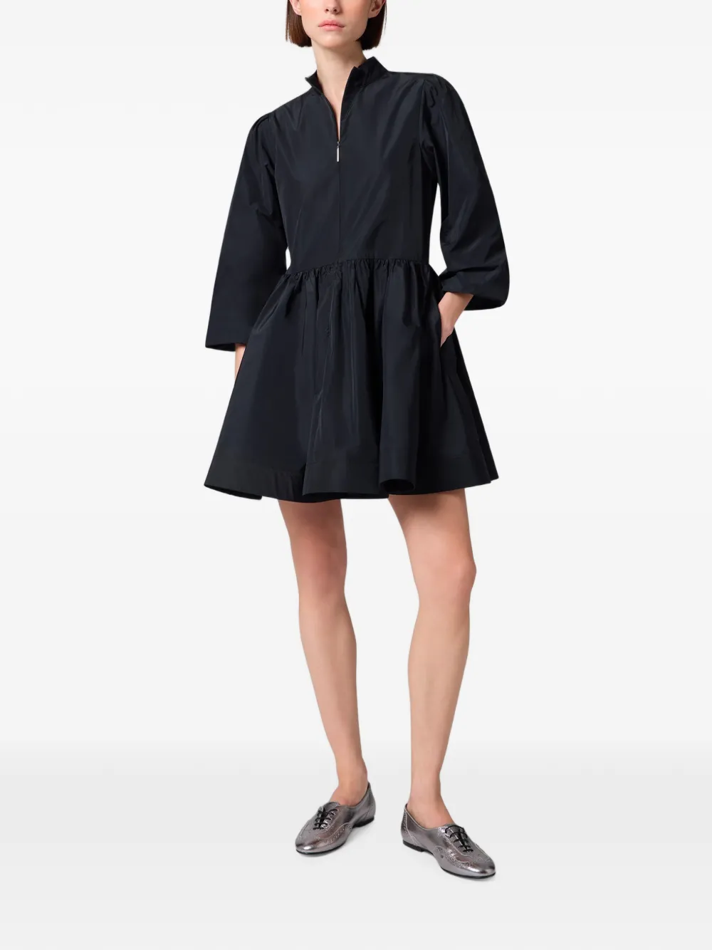 MSGM Mini-jurk met gesmockte rok en hoge hals Zwart