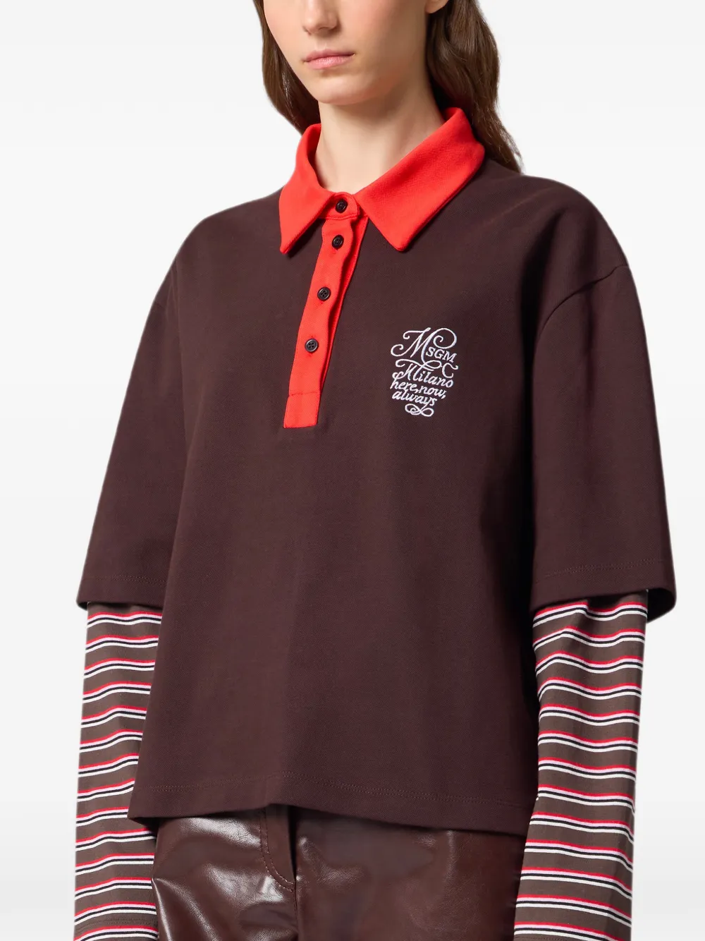 MSGM Poloshirt met geborduurd logo en gelaagde mouwen Bruin