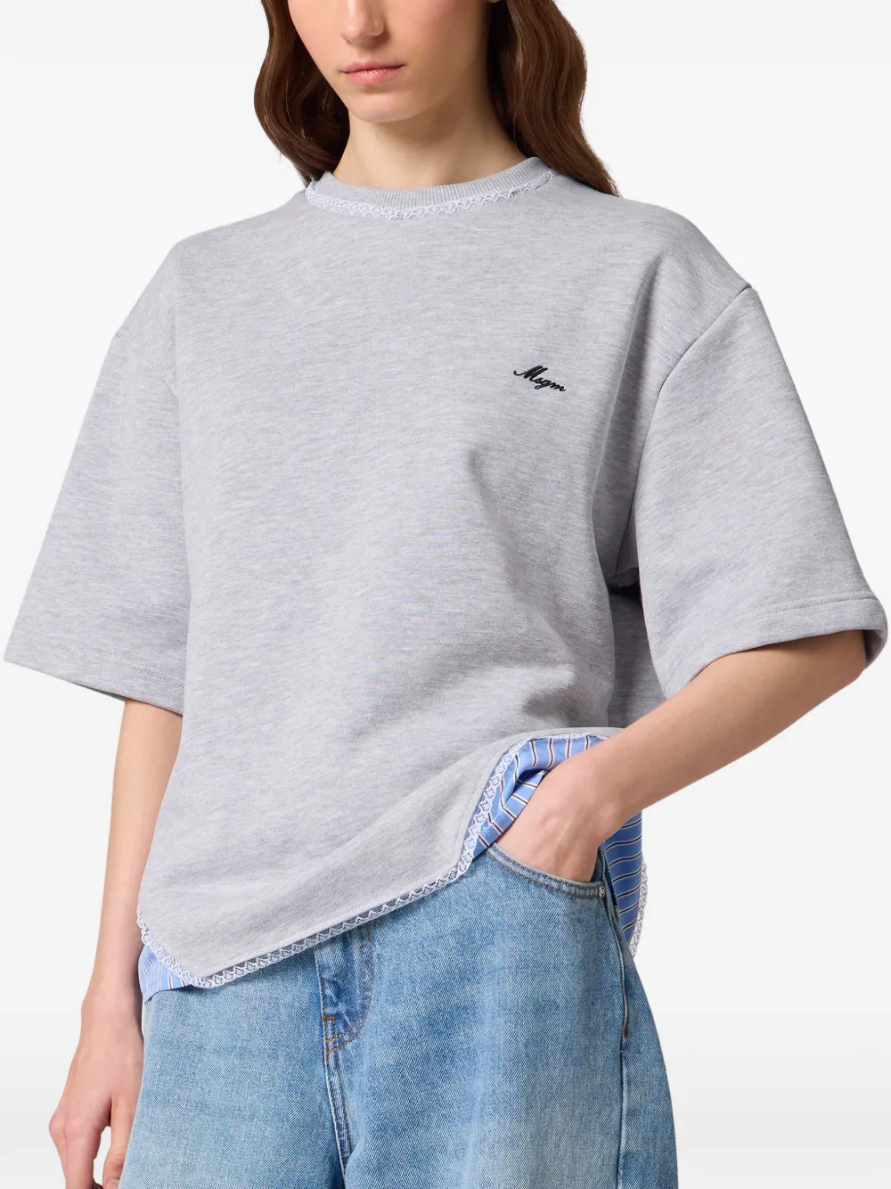 MSGM T-shirt met geborduurd logo en kanten afwerking Grijs