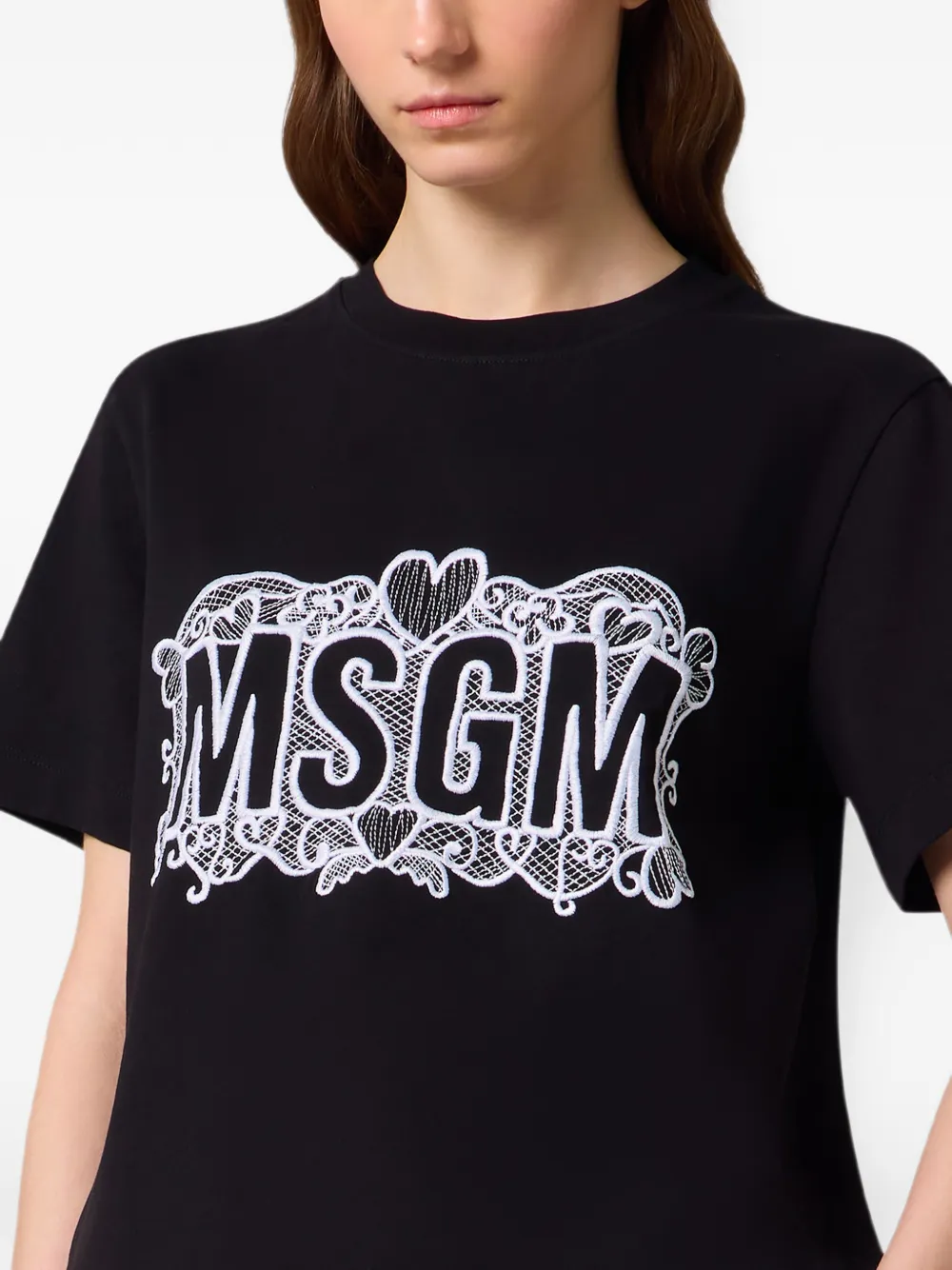 MSGM T-shirt met geborduurd logo en kanten detail Zwart