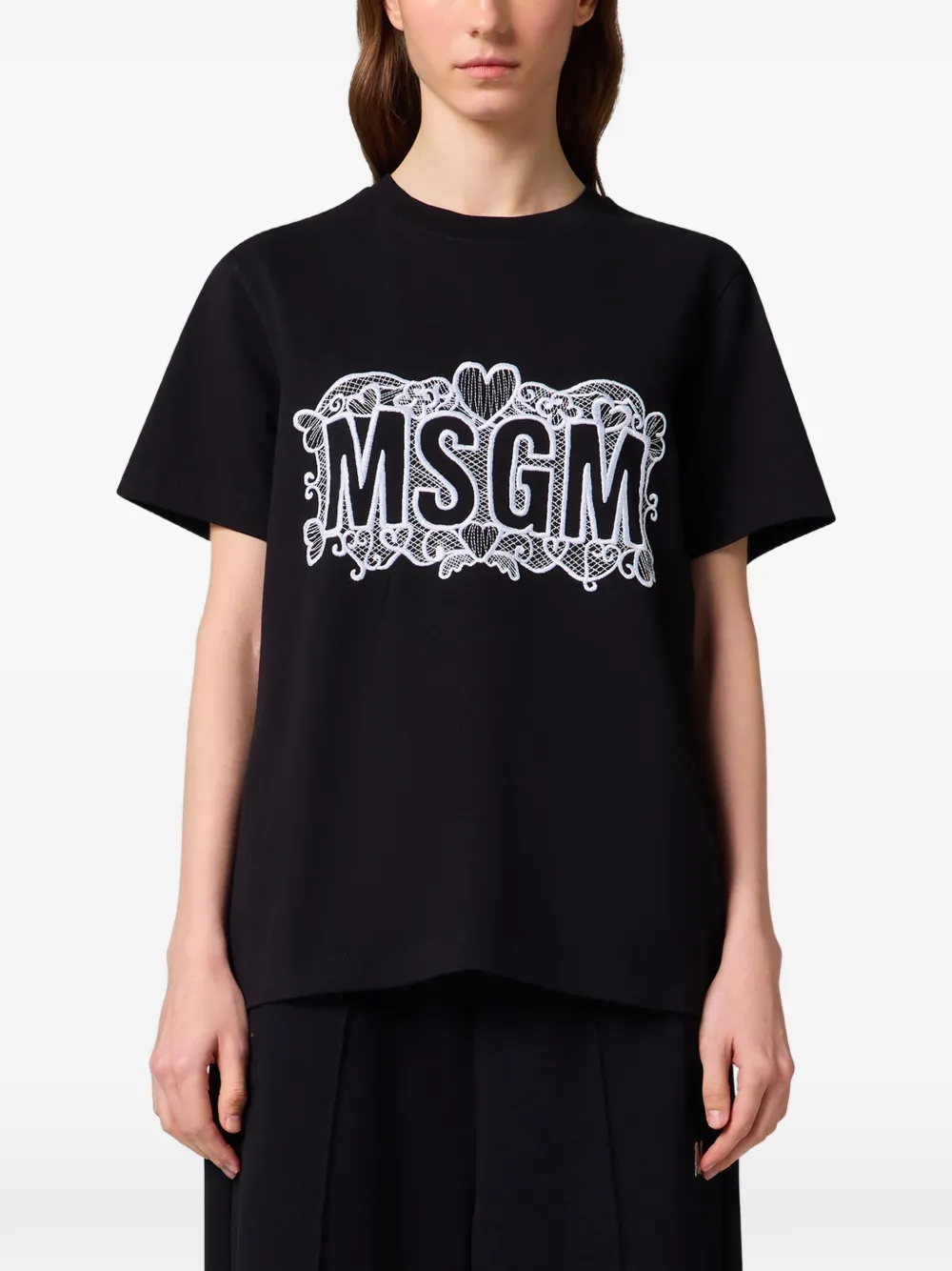 MSGM T-shirt met geborduurd logo en kanten detail Zwart