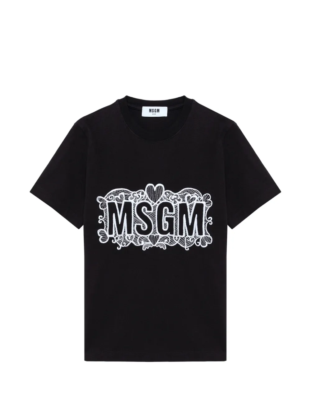 MSGM 로고 자수 레이스 디테일 티셔츠 | 블랙 | Image 1