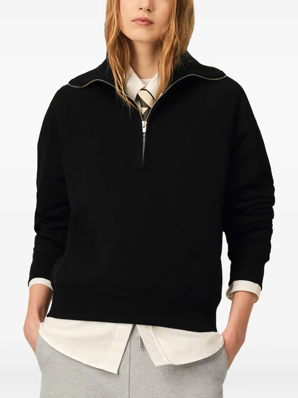 AMI Paris Katoenen sweater met rits en Ami de Coeur-reliëf Zwart