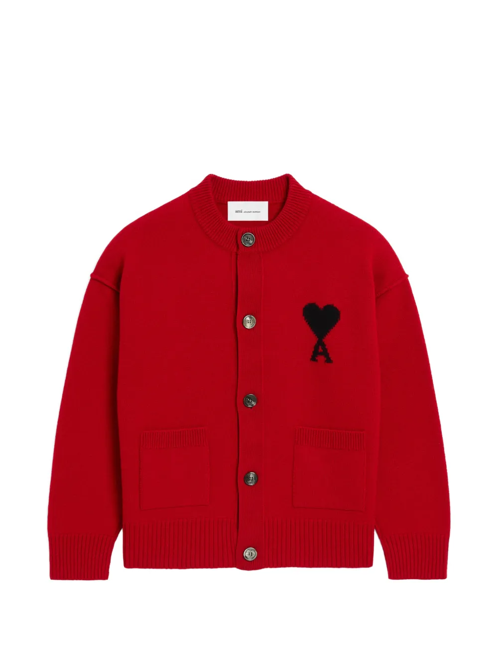 AMI Paris crewneck wool cardigan with Ami de Coeur - Rosso