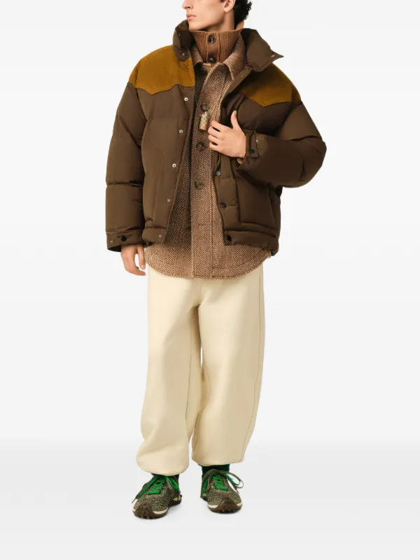 AMI Paris Nylon And Cotton Down Jacket With Leather Panels | Brown