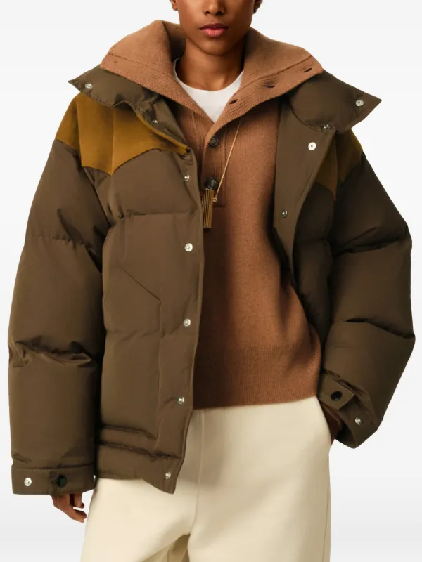AMI Paris Nylon And Cotton Down Jacket With Leather Panels | Brown