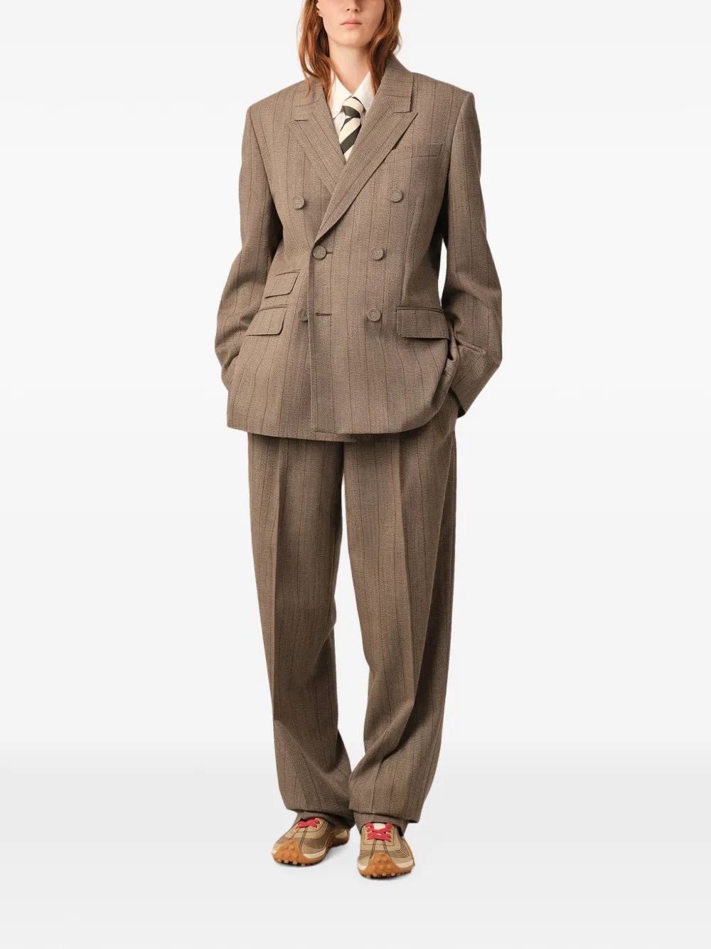 AMI Paris Gestreepte wollen blazer met dubbele rij knopen Bruin
