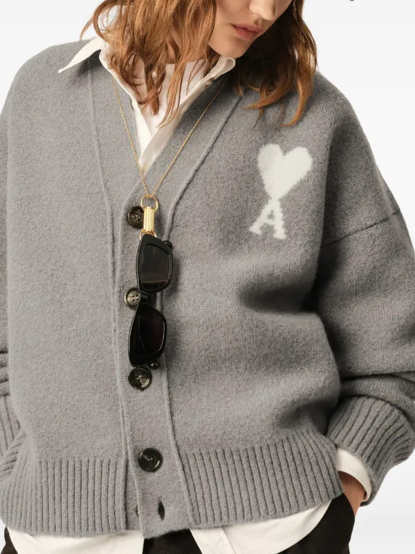 AMI Paris Alpaca Cardigan With Ami De Coeur | Grey | FARFETCH
