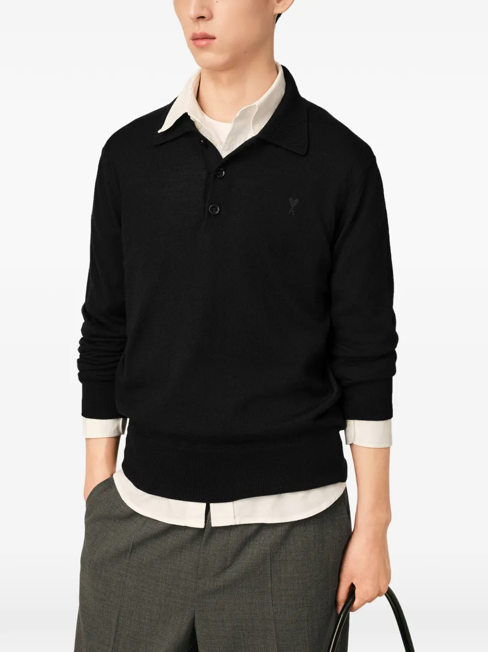 AMI Paris Wollen poloshirt met Ami de Coeur Zwart