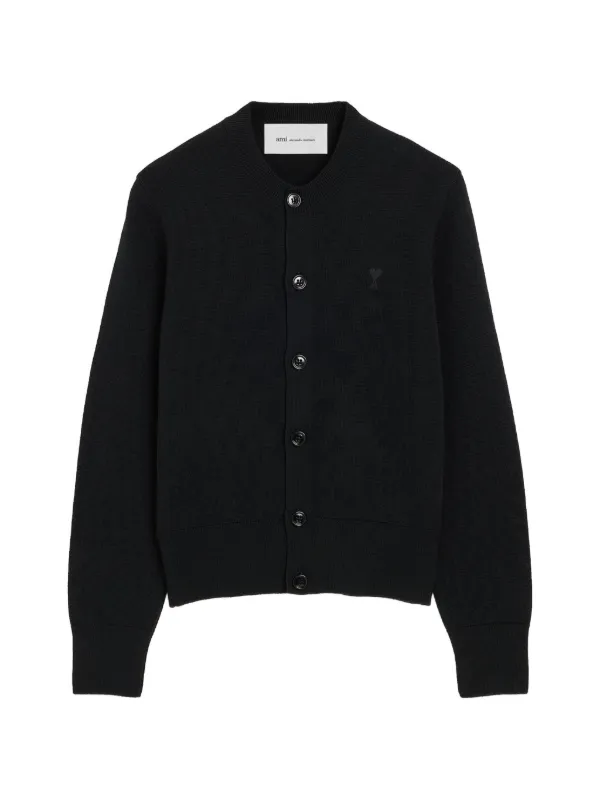 Ami Paris Crewneck Wool Cardigan with Ami De Coeur in Black
