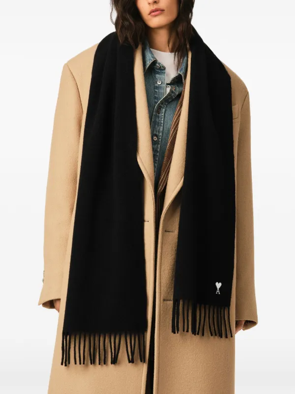 AMI Paris Black Wool Scarf With Ami De Coeur | Black | FARFETCH