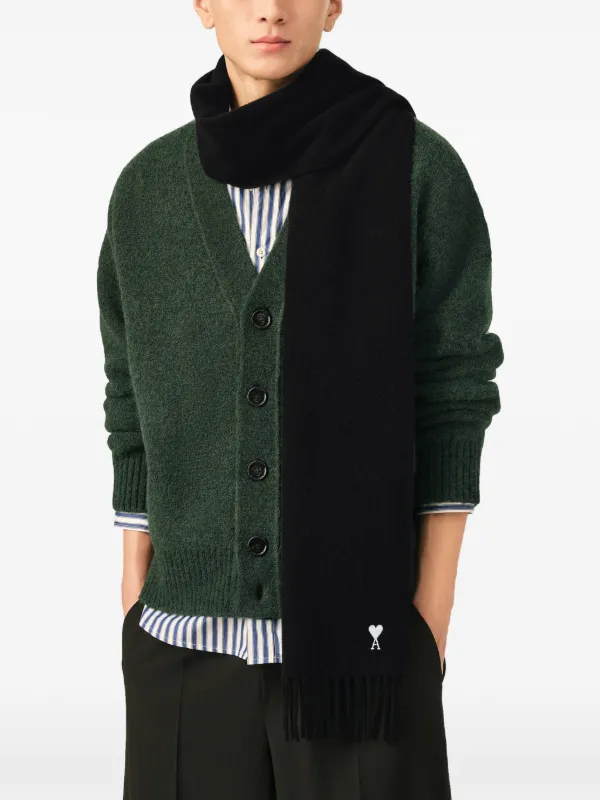AMI Paris Black Wool Scarf With Ami De Coeur | Black | FARFETCH