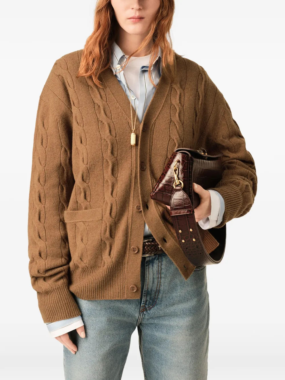 AMI Paris Bruin kabelgebreid wollen vest