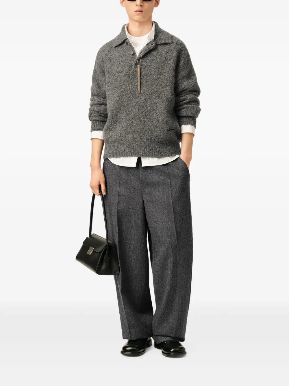 AMI Paris Wollen en satijnen broek met elastische taille Grijs