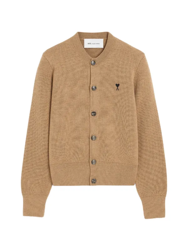 Ami Paris Beige Crewneck Wool Cardigan with Ami De Coeur in Neutrals