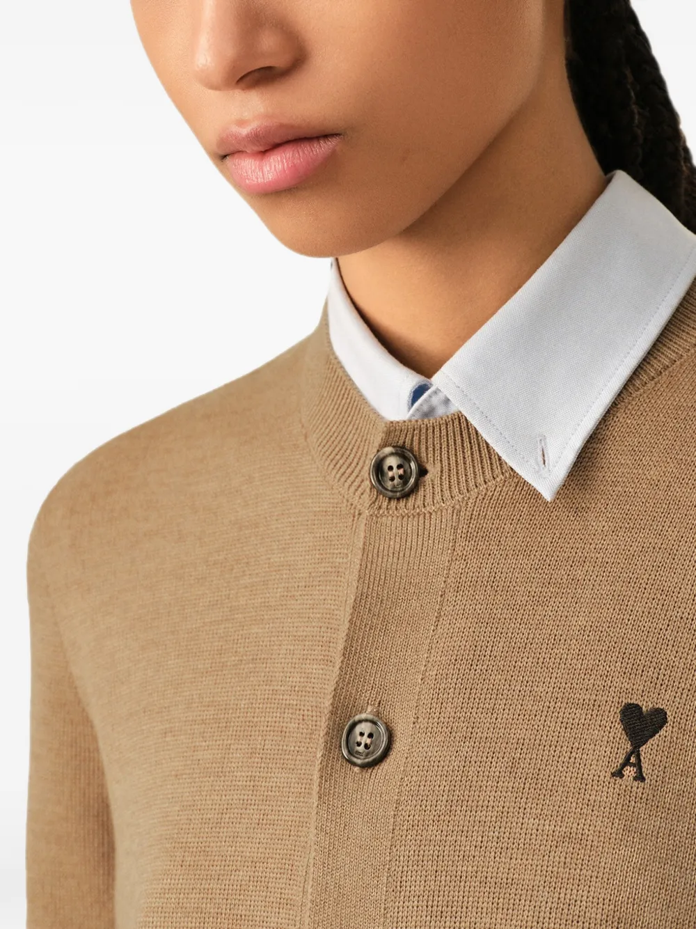 AMI Paris Beige Crewneck Wool Cardigan with Ami De Coeur in Neutrals, view 5