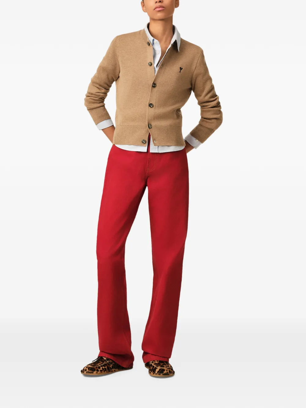 AMI Paris Beige Crewneck Wool Cardigan with Ami De Coeur in Neutrals, view 2
