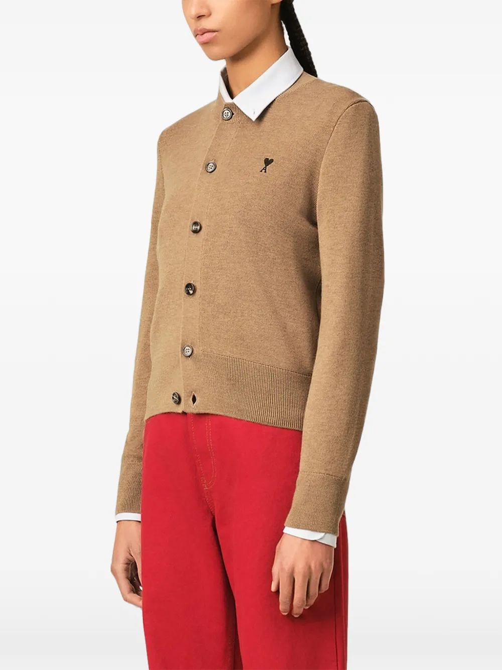 AMI Paris Beige Crewneck Wool Cardigan with Ami De Coeur in Neutrals, view 3