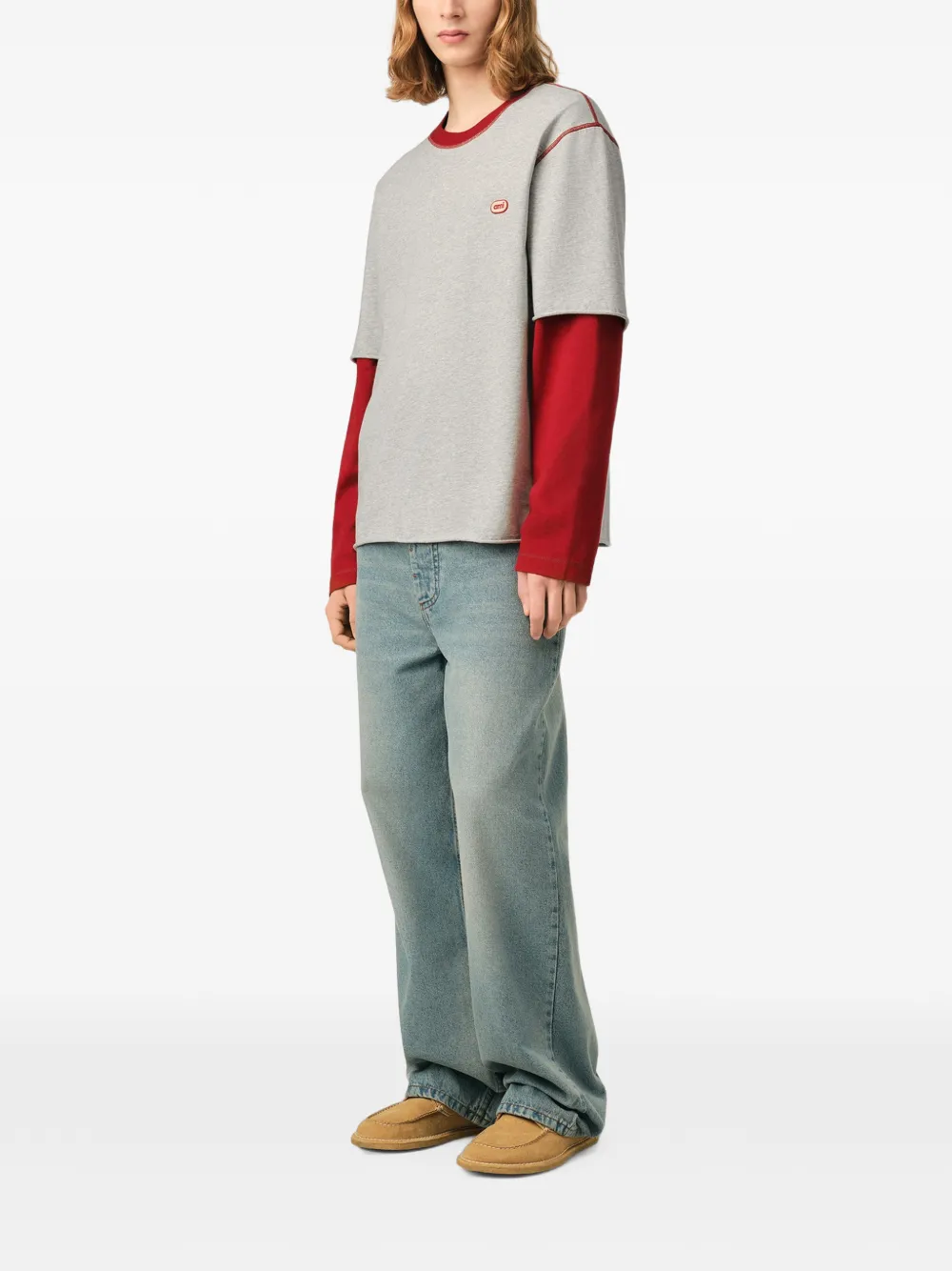 AMI Paris Katoenen T-shirt met dubbele mouwen met Ami-patch Grijs