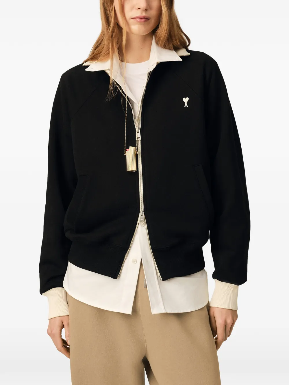 AMI Paris Katoenen sweater met Ami de Coeur en rits Zwart
