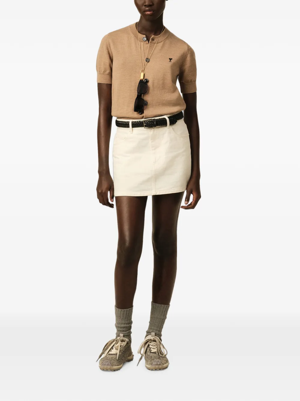 AMI Paris Wollen vest met korte mouwen en Ami de Coeur Beige