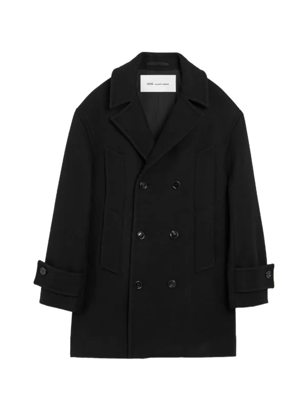 Ami Paris Wool Pea Coat in Black