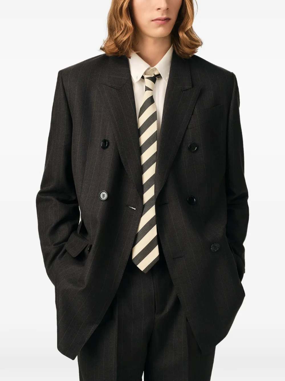 AMI Paris Wollen gestreepte blazer met dubbele rij knopen Grijs