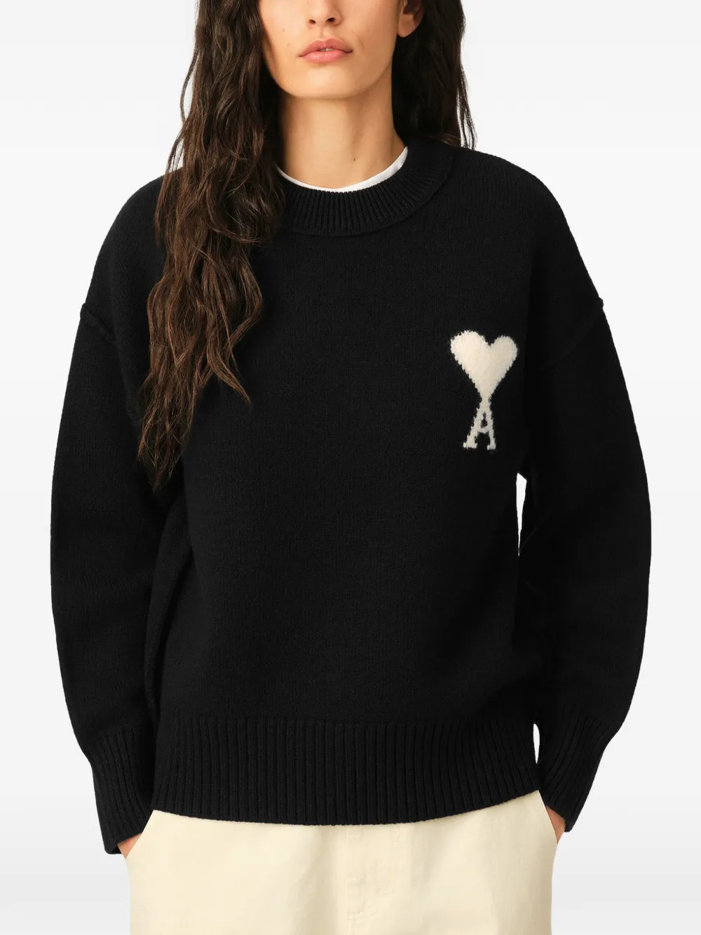 AMI Paris Wollen trui met ronde hals en Ami de Coeur Zwart