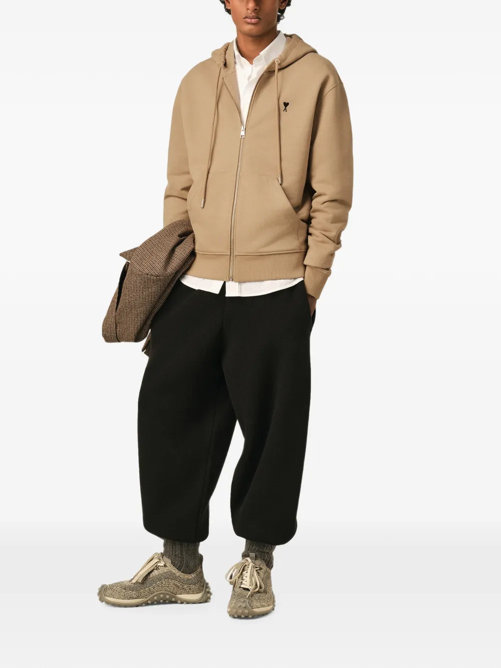AMI Paris Katoenen hoodie met rits en Ami de Coeur Beige