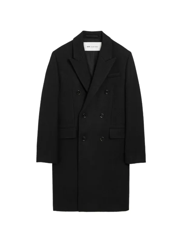 Ami Paris Double Breasted Wool Coat in Black
