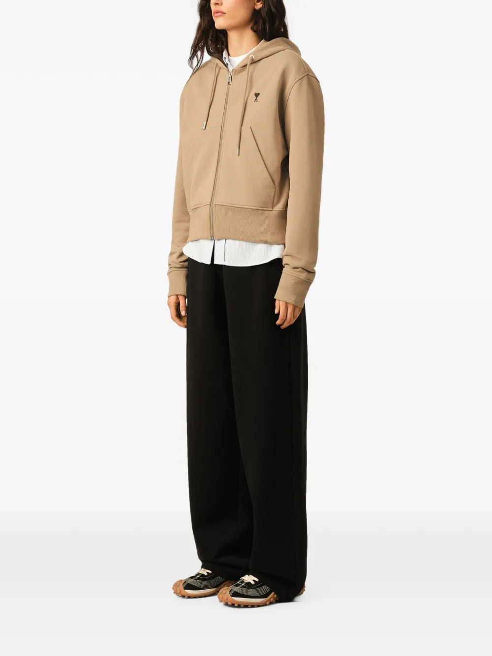 AMI Paris Katoenen hoodie met rits en Ami de Coeur Beige