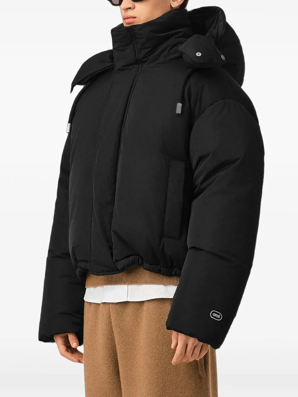 AMI Paris Nylon en katoenen donsjas met Ami de Coeur en capuchon Zwart