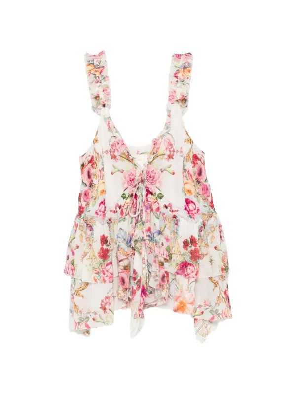 Camilla Floral-print Ruffled Top in White