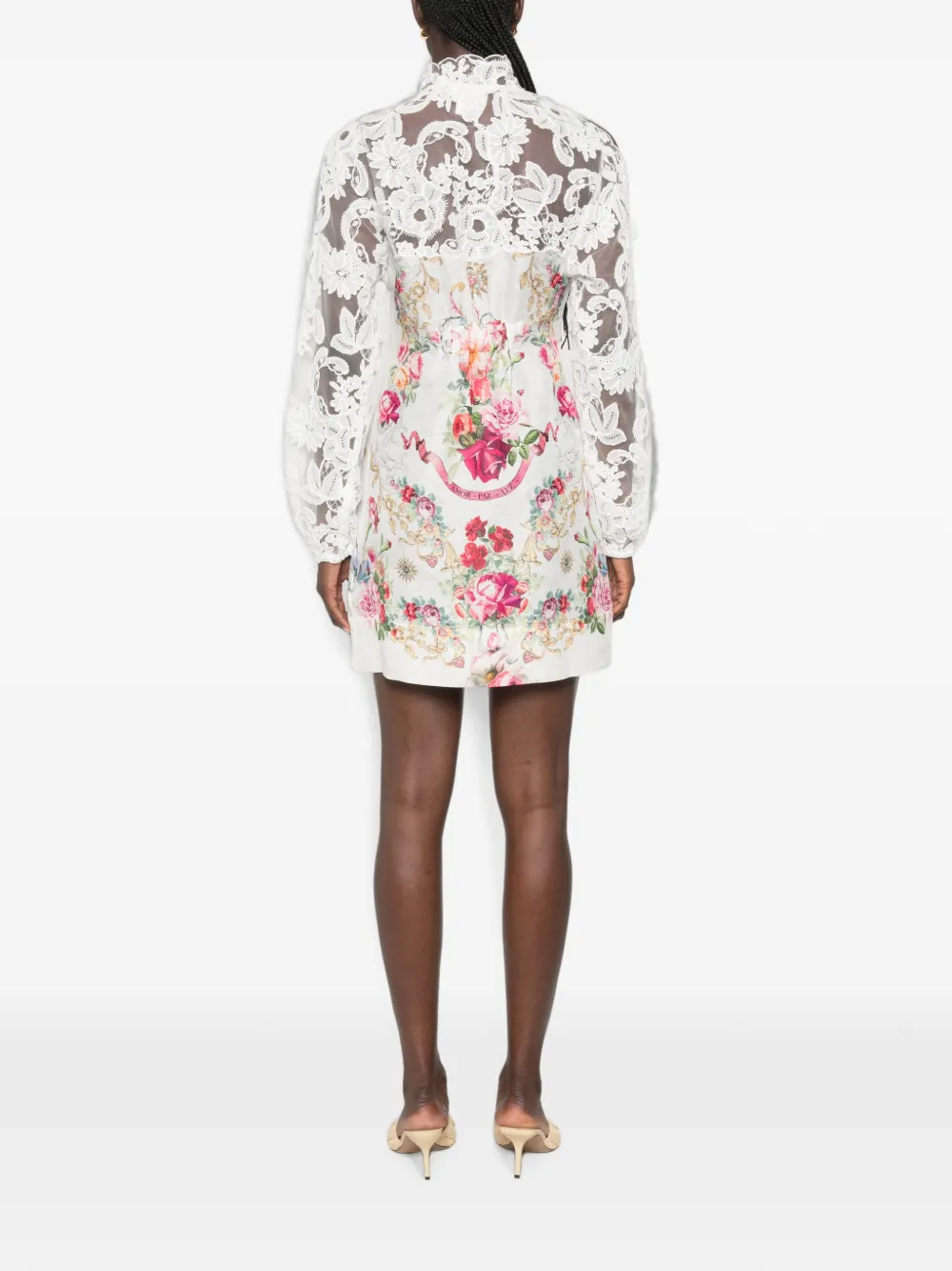 Camilla Mini-jurk met bloemenprint en kanten vlakken Wit
