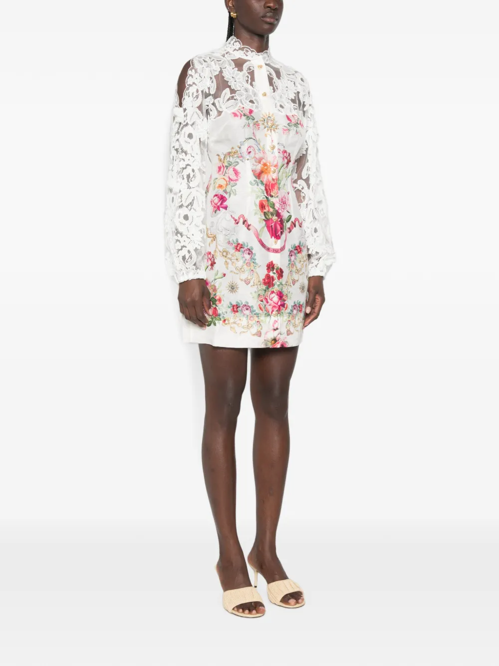 Camilla Mini-jurk met bloemenprint en kanten vlakken Wit