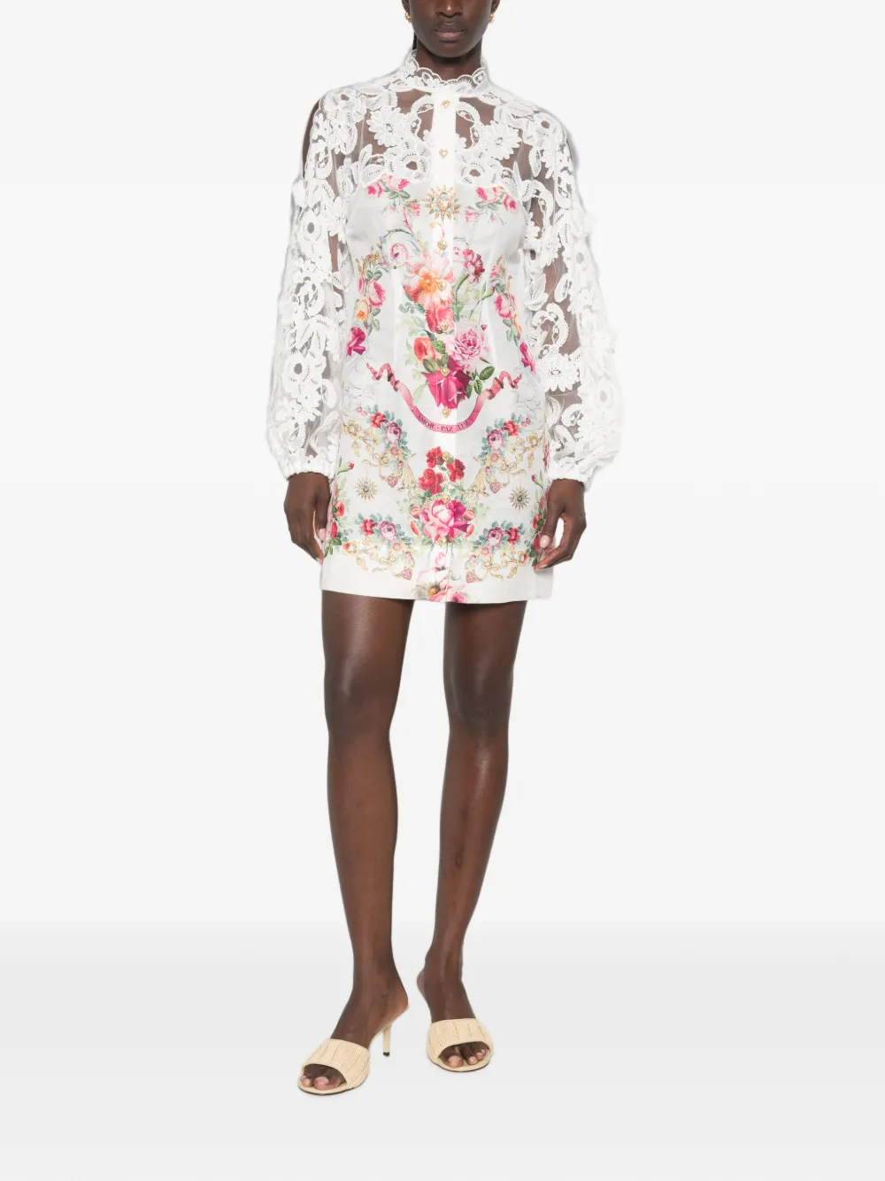 Camilla Mini-jurk met bloemenprint en kanten vlakken Wit
