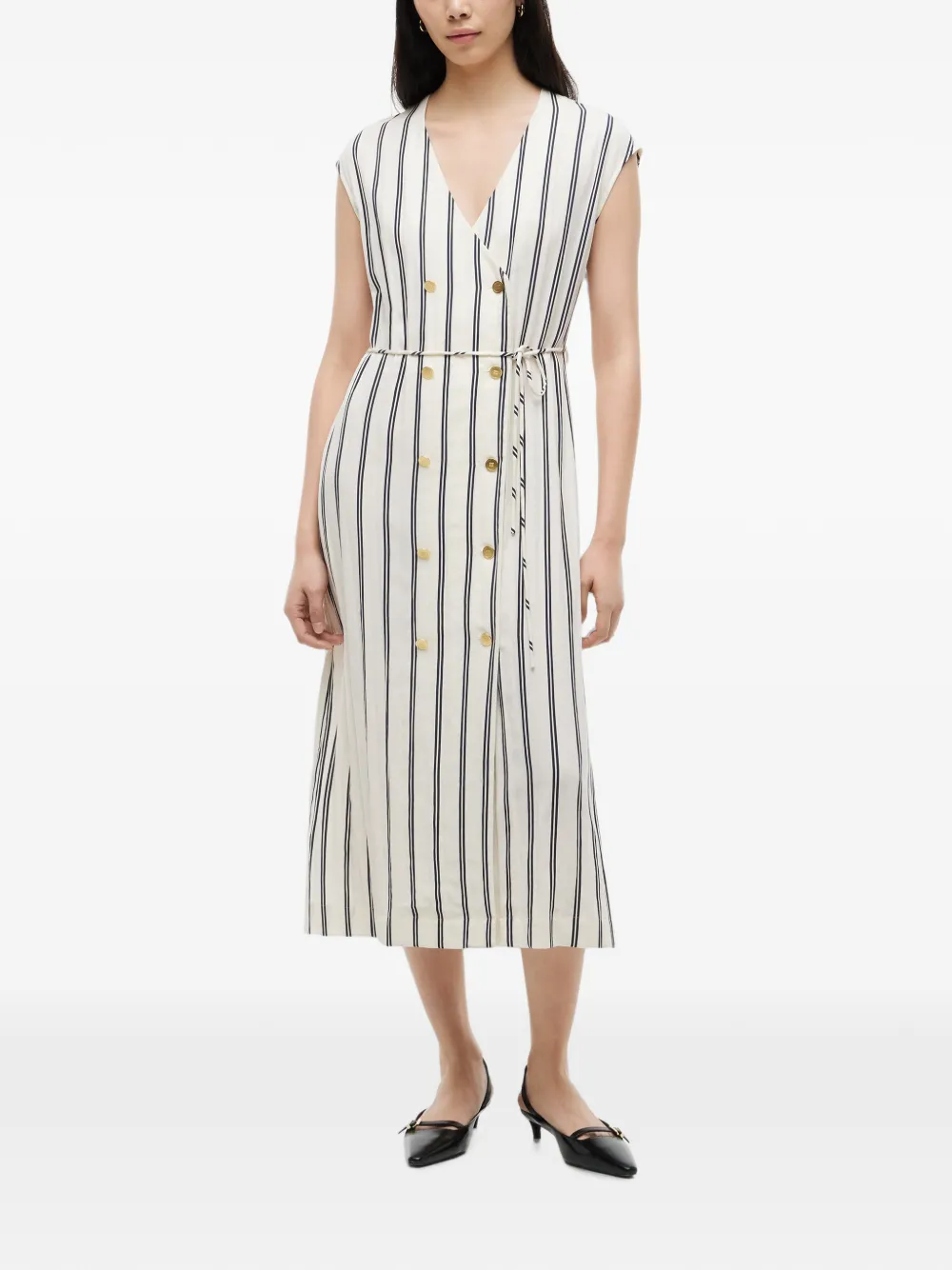 Tommy Hilfiger Gestreepte midi-jurk met dubbele rij knopen Beige