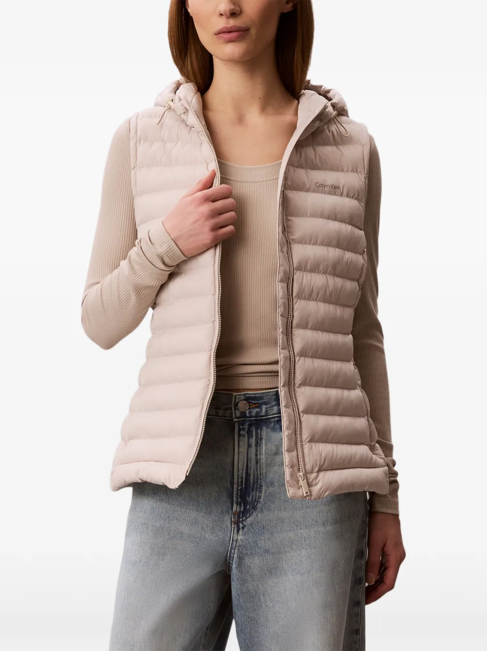Calvin Klein Quilted Hooded Gilet in Neutrals, view 3