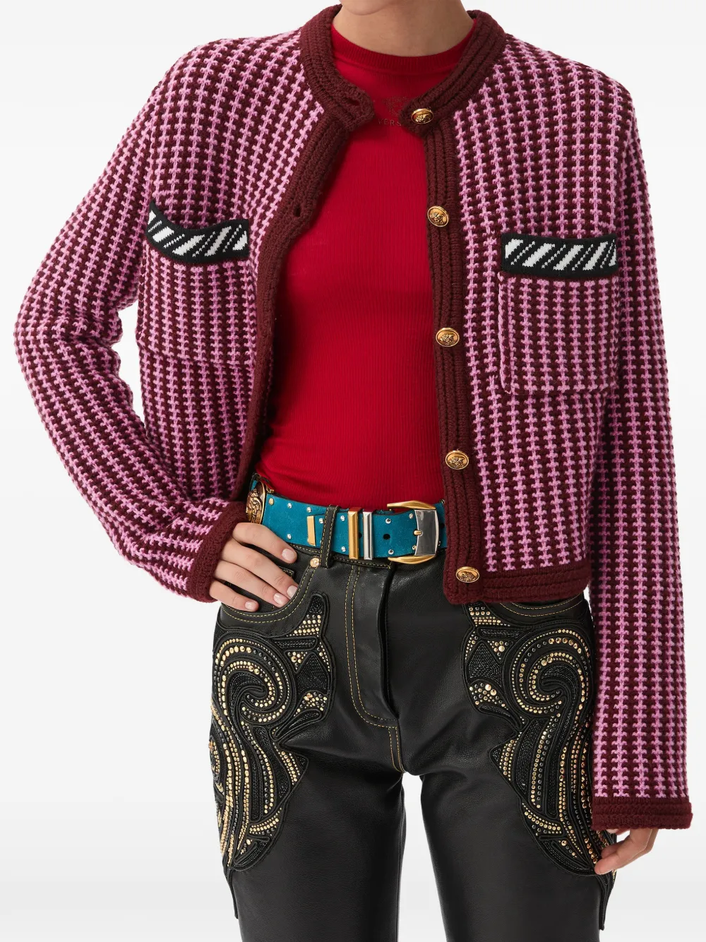 Versace Wollen gebreid vest met gehaakte stiksels Paars