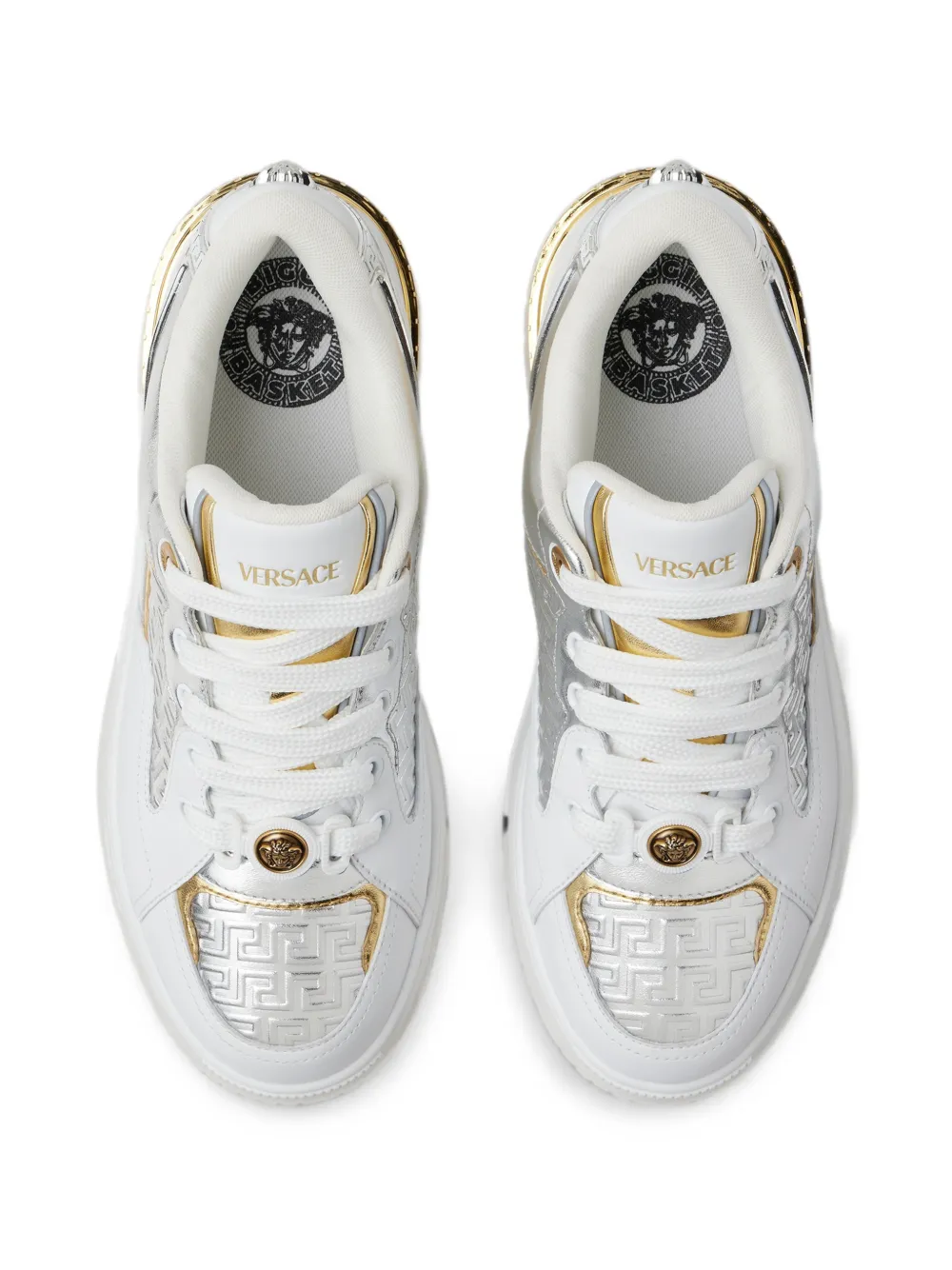 Versace Biggie Basket leather & metallic-nappa trainers Wit