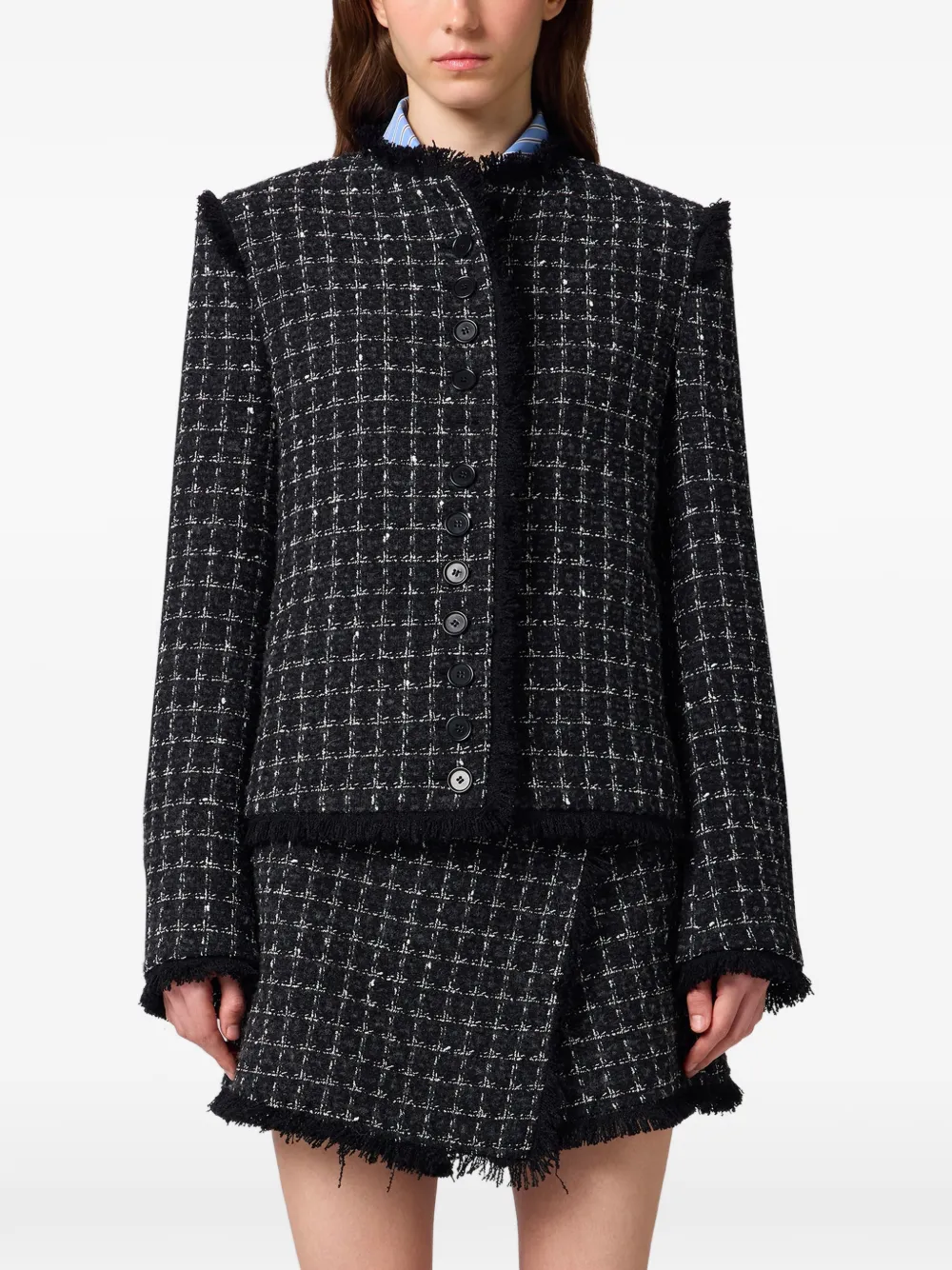 MSGM Bouclé-tweed jack met rafelranden Zwart