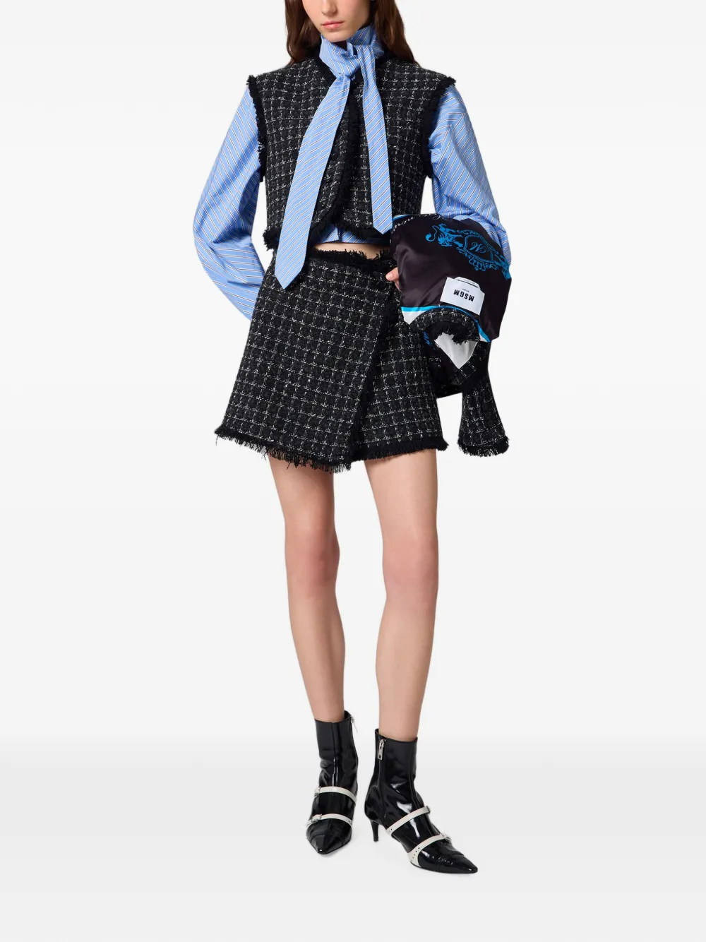 MSGM Bouclé-tweed jack met rafelranden Zwart