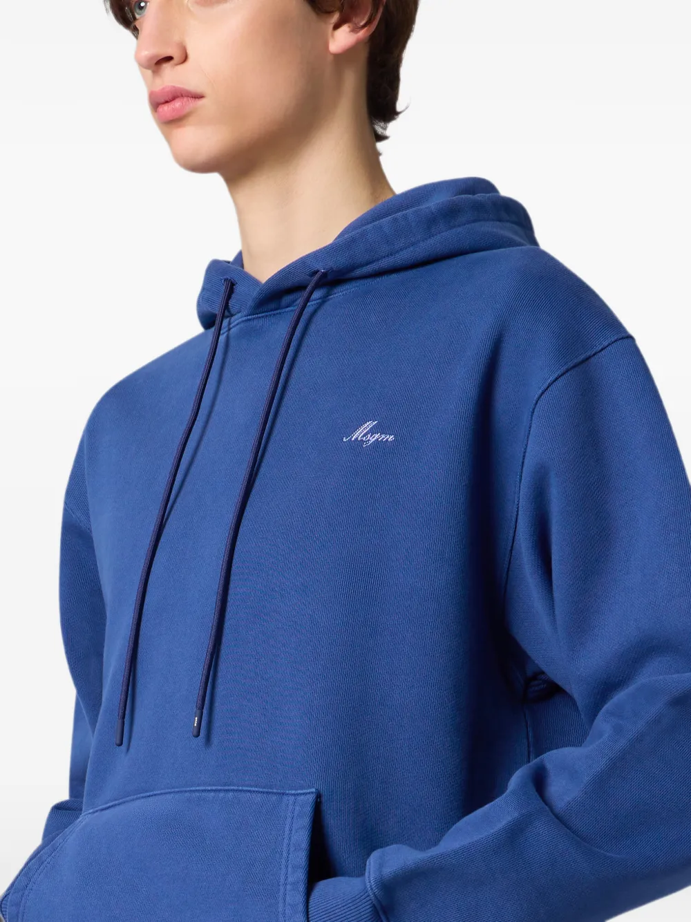 Msgm Logo-embroidered Drawstring Hoodie In Blue