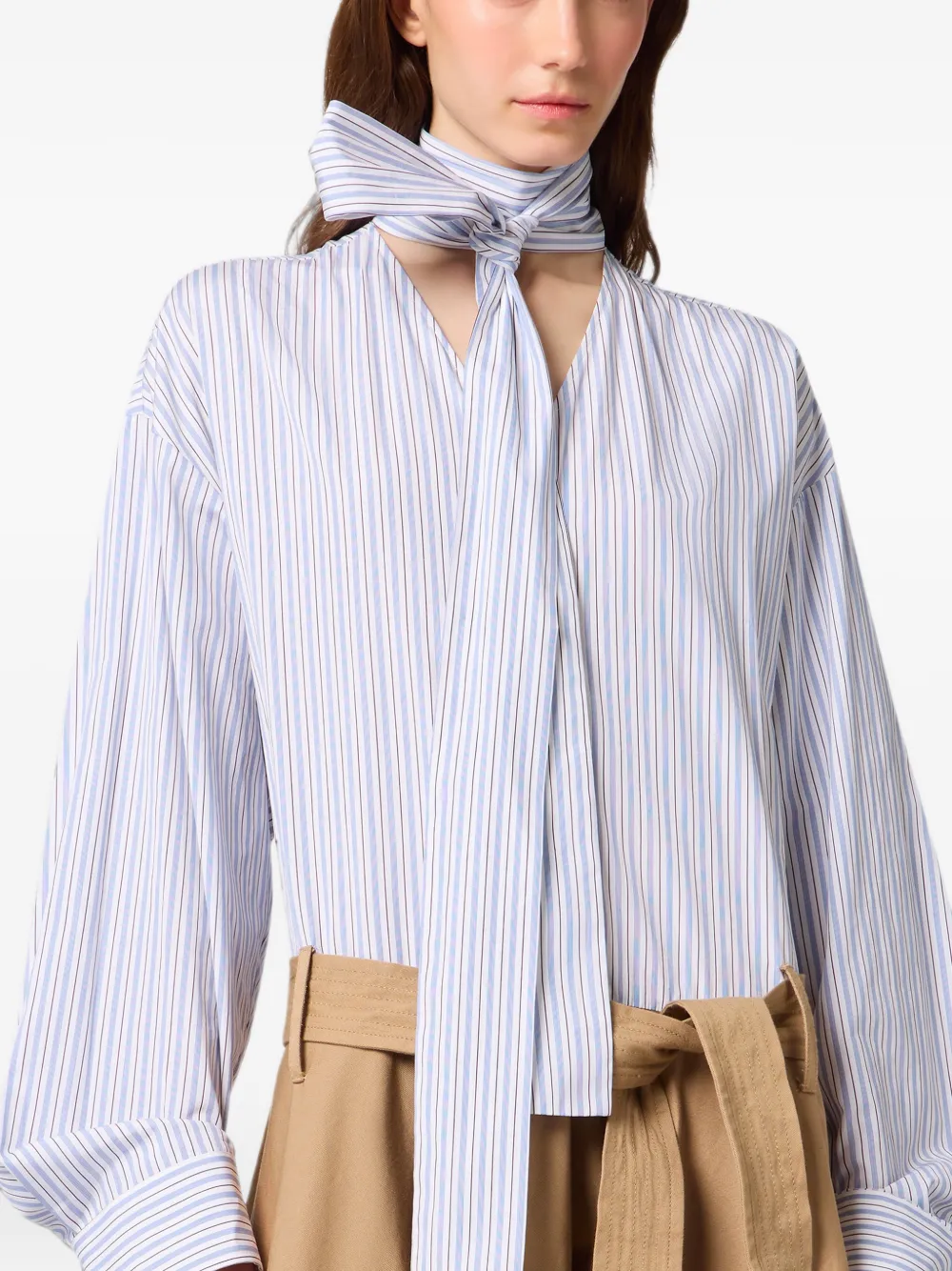 MSGM Gestreepte midi-jurk met gestrikte hals Beige